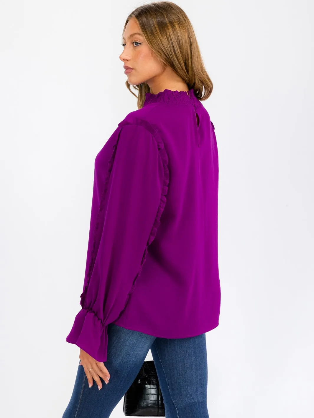 WOMEN'S LONG SLEEVE MOCK NECK RUFFLE BLOUSE TOP