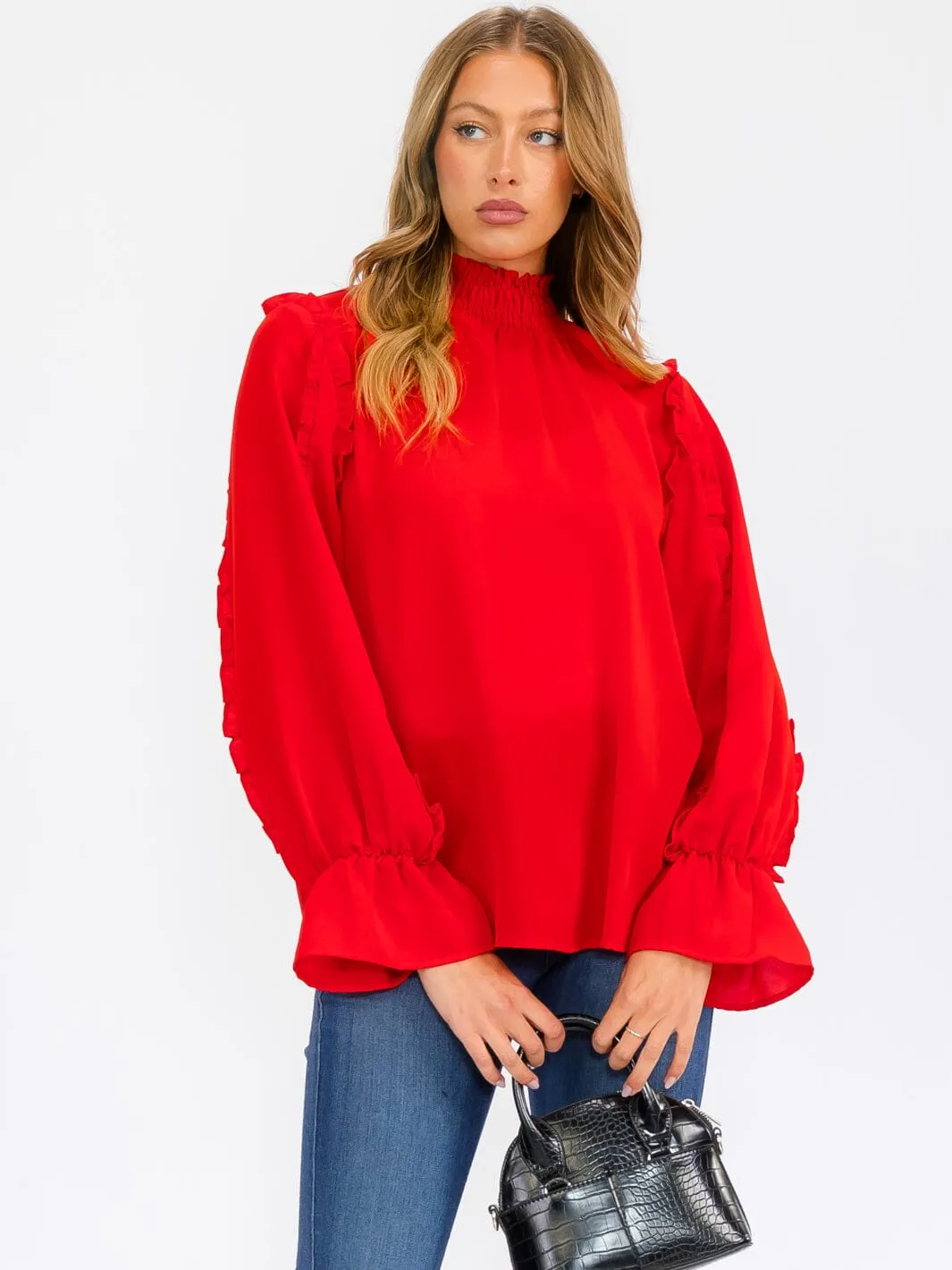 WOMEN'S LONG SLEEVE MOCK NECK RUFFLE BLOUSE TOP