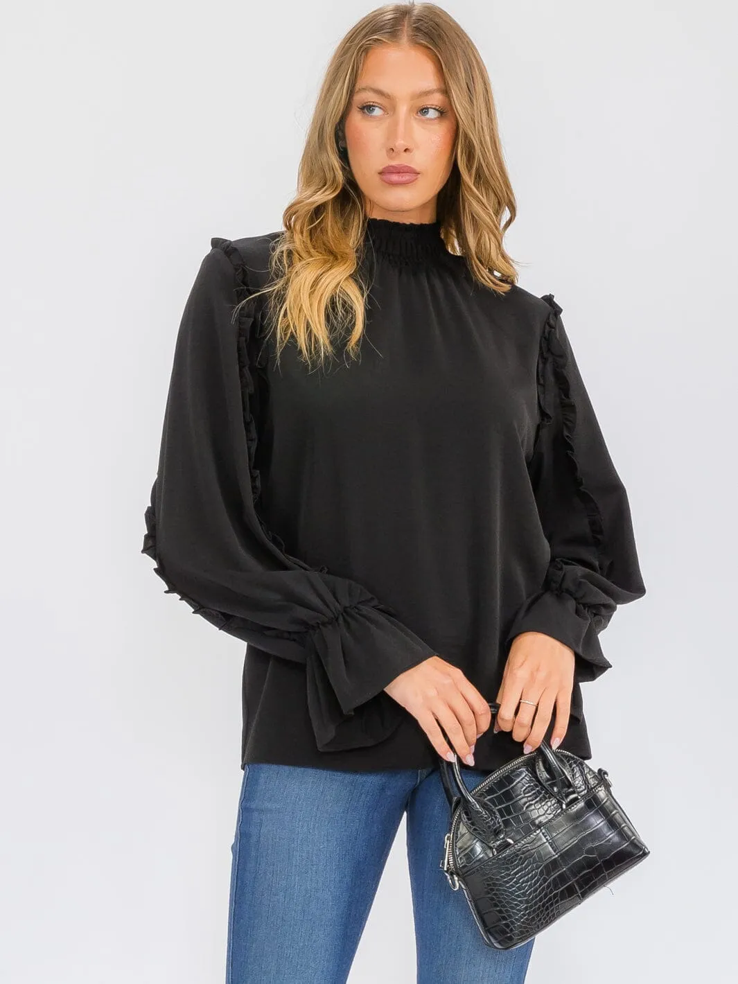 WOMEN'S LONG SLEEVE MOCK NECK RUFFLE BLOUSE TOP