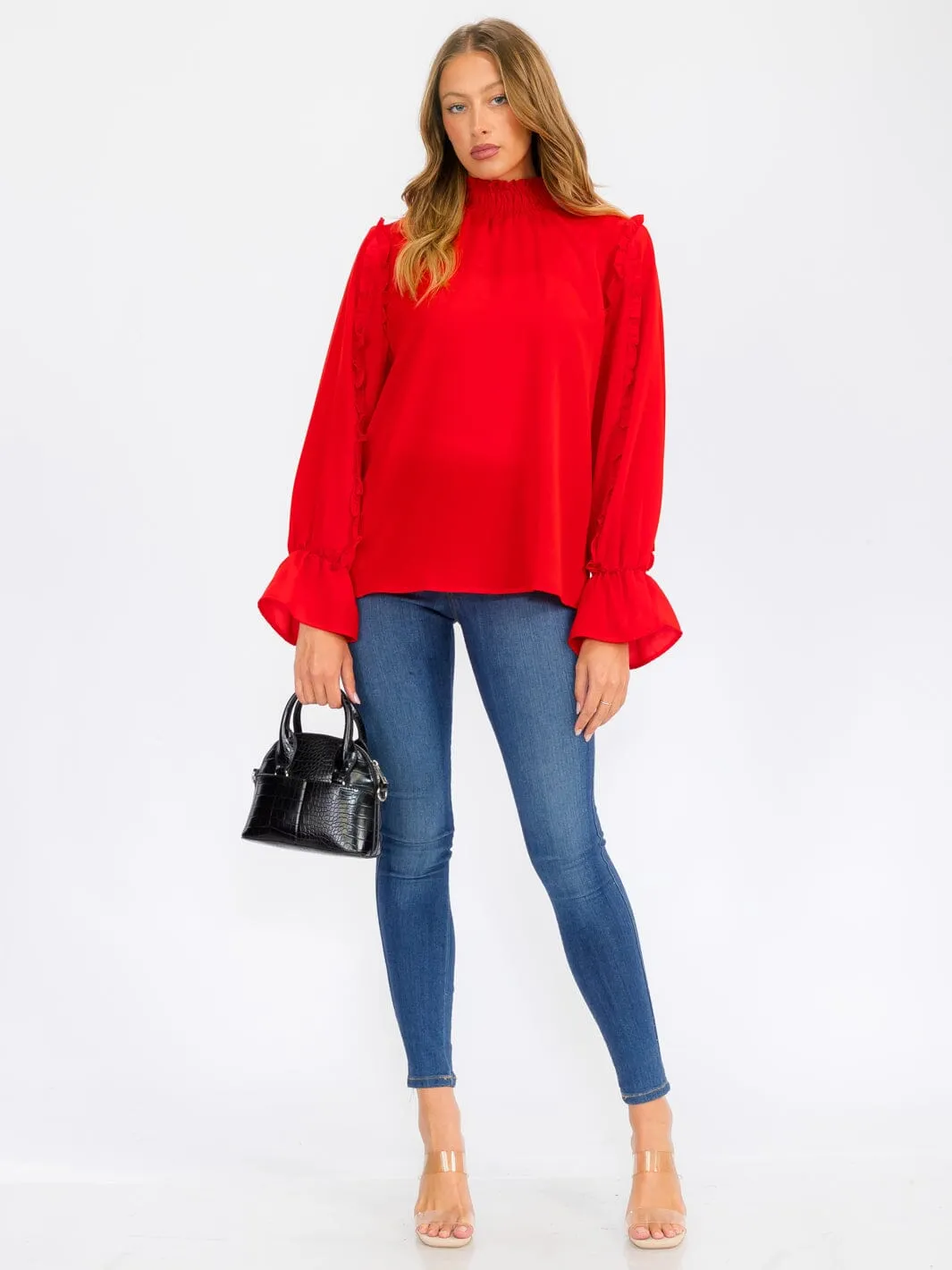 WOMEN'S LONG SLEEVE MOCK NECK RUFFLE BLOUSE TOP