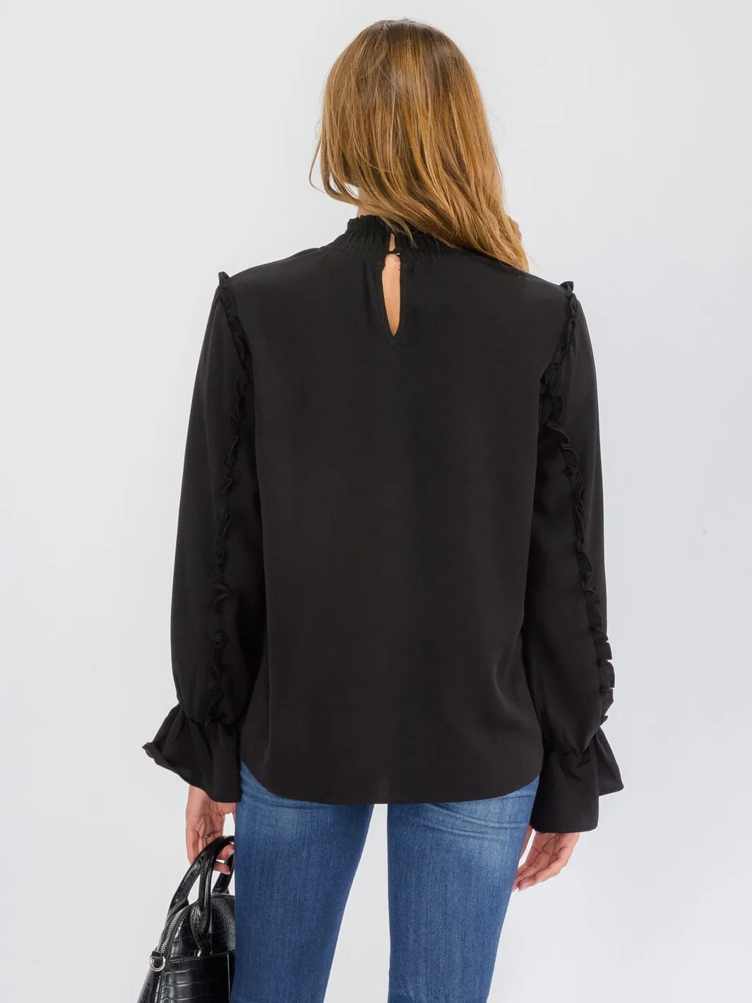 WOMEN'S LONG SLEEVE MOCK NECK RUFFLE BLOUSE TOP