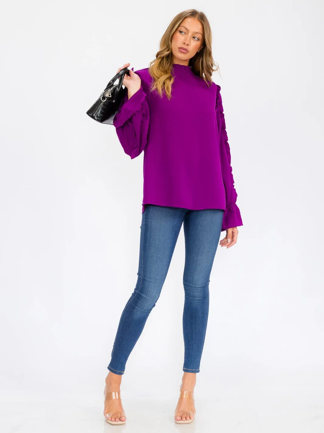 WOMEN'S LONG SLEEVE MOCK NECK RUFFLE BLOUSE TOP