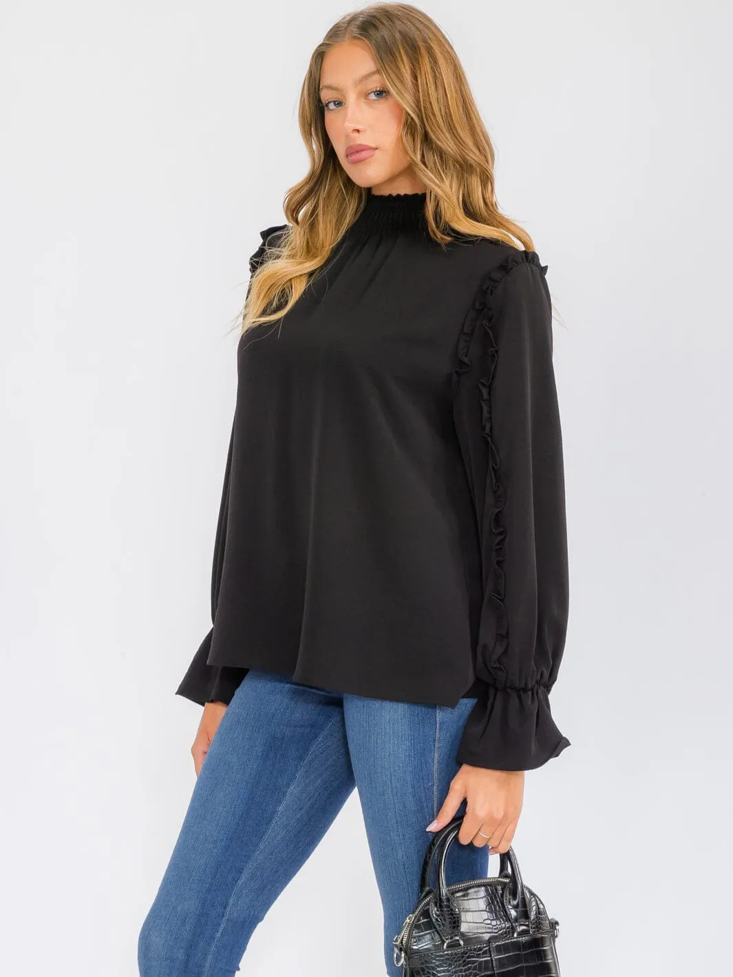 WOMEN'S LONG SLEEVE MOCK NECK RUFFLE BLOUSE TOP