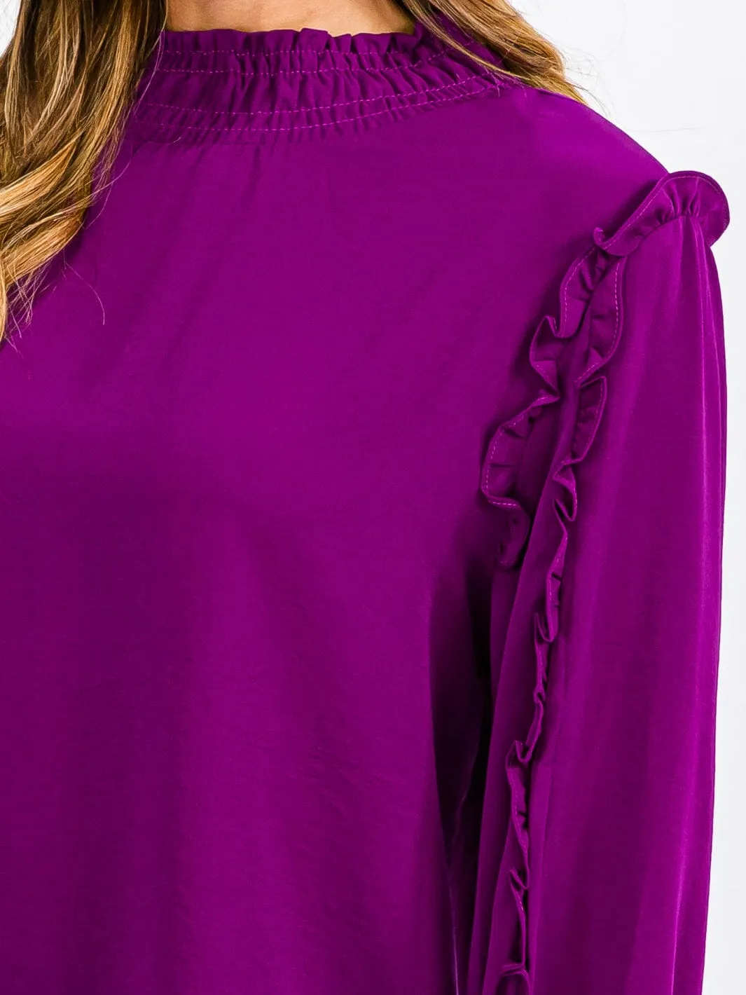 WOMEN'S LONG SLEEVE MOCK NECK RUFFLE BLOUSE TOP