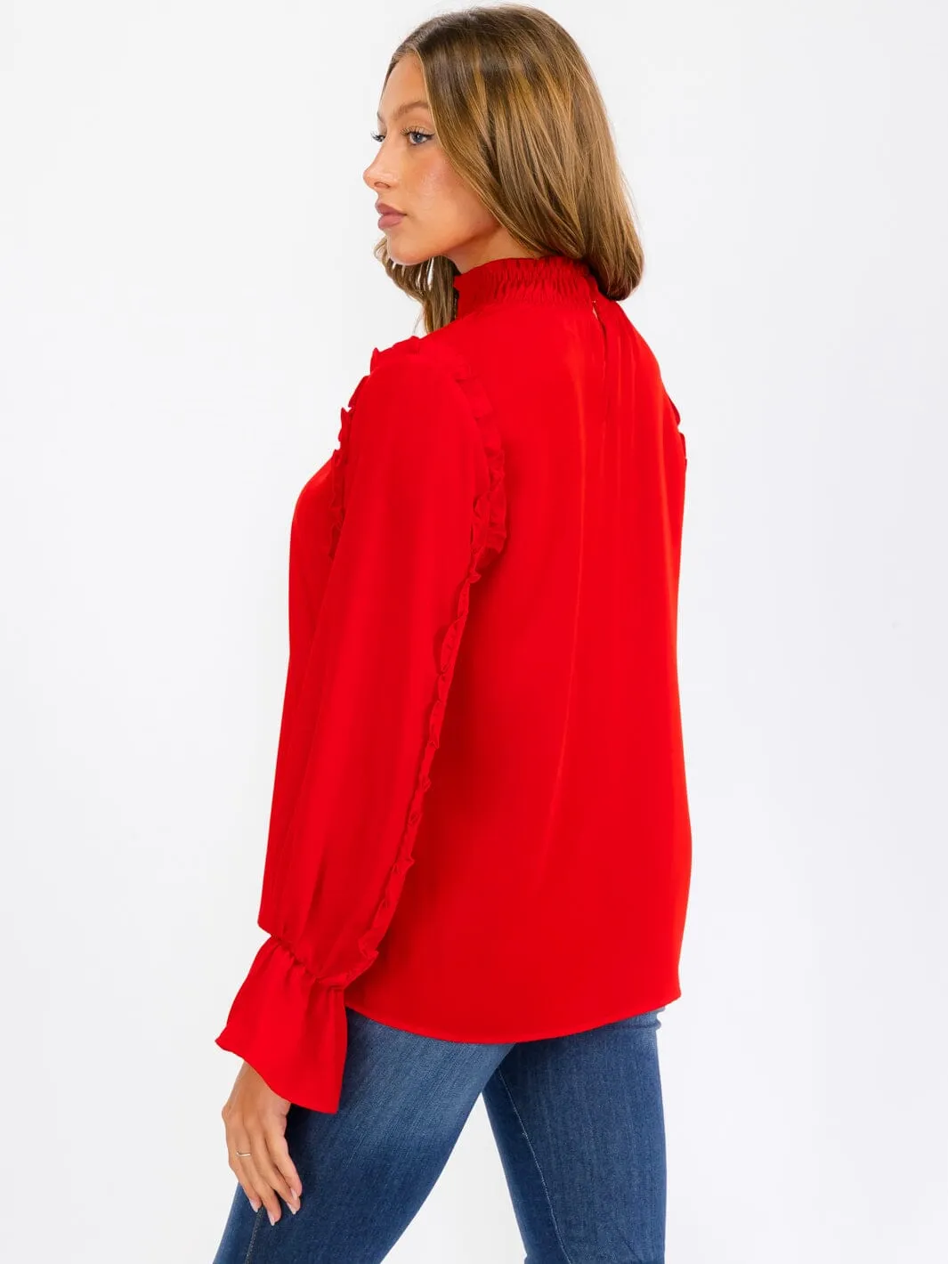 WOMEN'S LONG SLEEVE MOCK NECK RUFFLE BLOUSE TOP