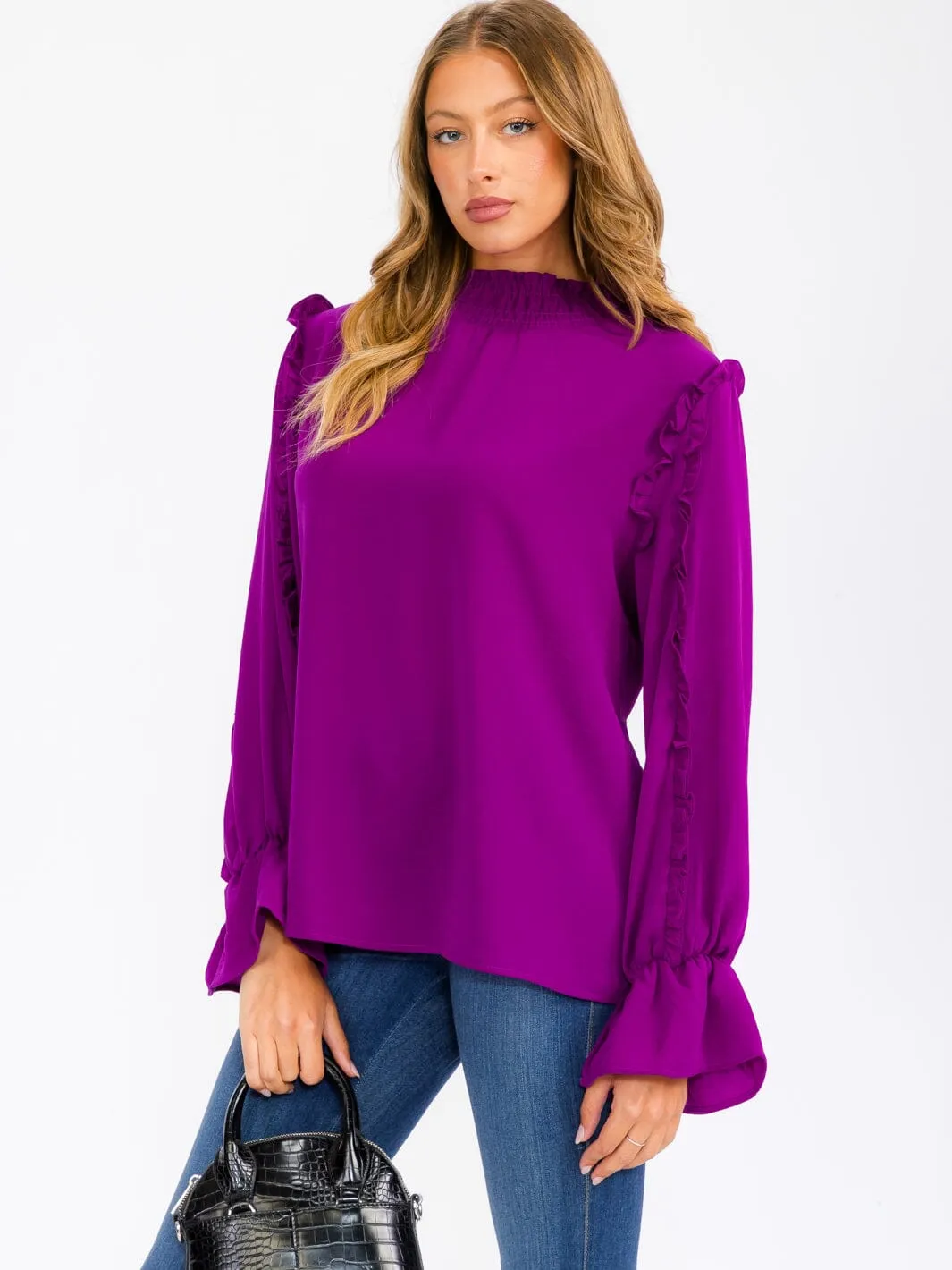 WOMEN'S LONG SLEEVE MOCK NECK RUFFLE BLOUSE TOP