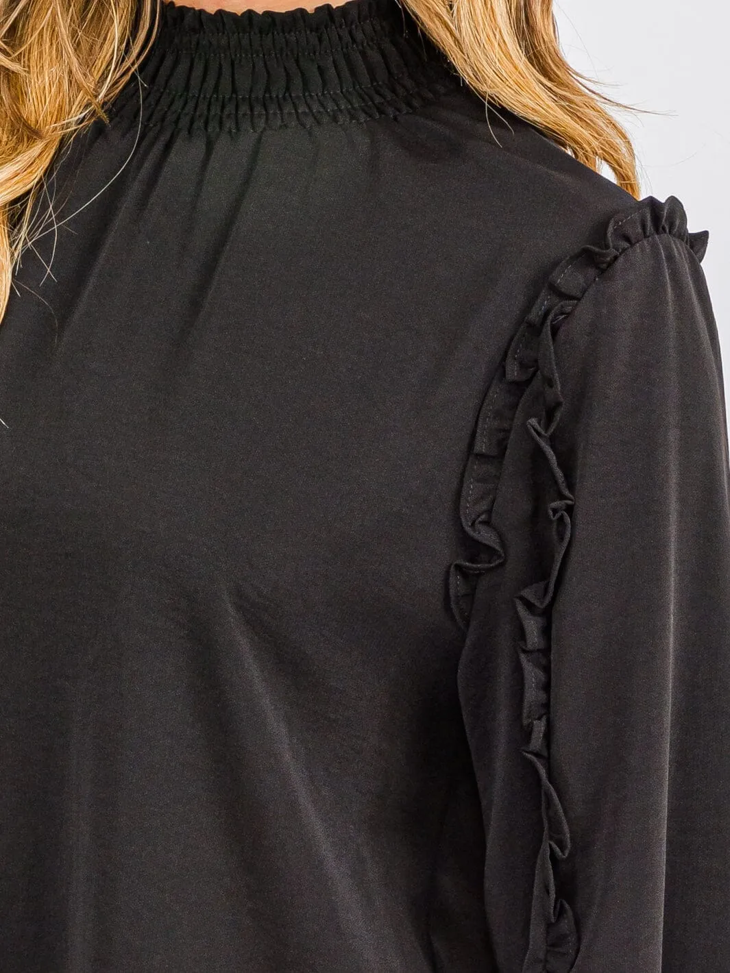 WOMEN'S LONG SLEEVE MOCK NECK RUFFLE BLOUSE TOP
