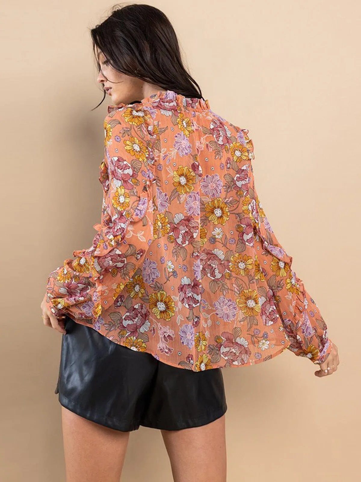 WOMEN'S LONG SLEEVE NECK TIE RUFFLE FLORAL BLOUSE TOP