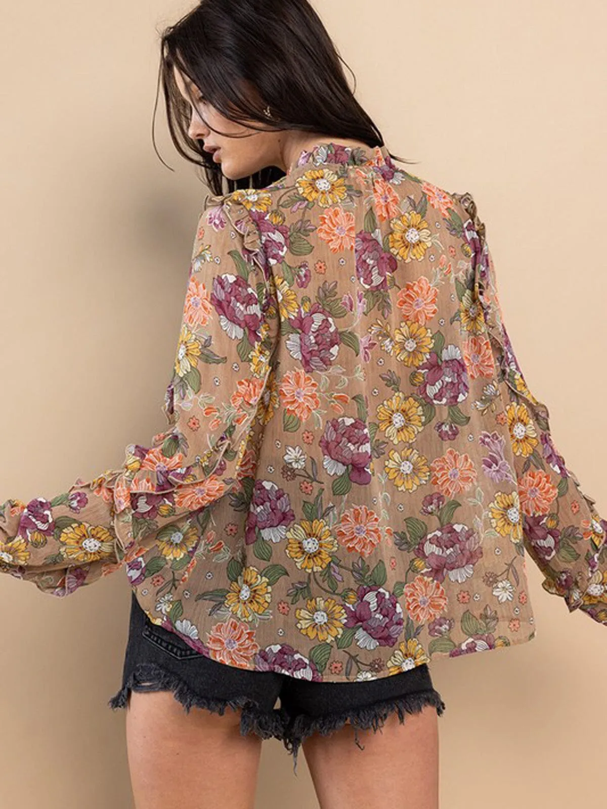 WOMEN'S LONG SLEEVE NECK TIE RUFFLE FLORAL BLOUSE TOP