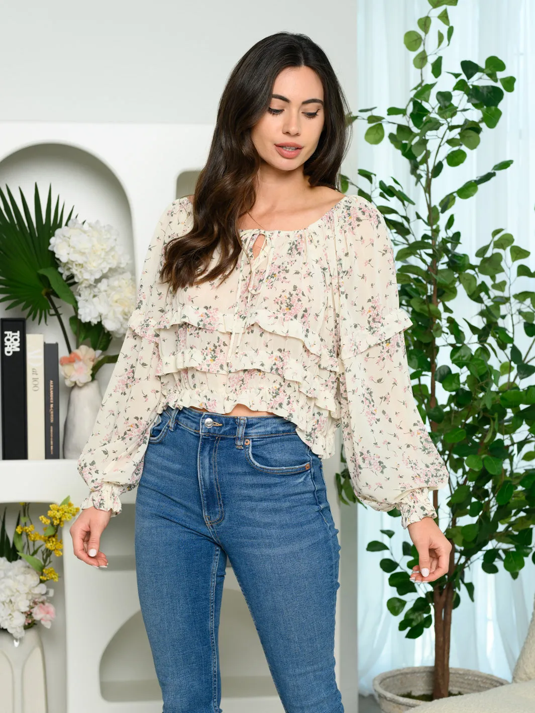 WOMEN'S LONG SLEEVE RUFFLE TIERED FLORAL TOP