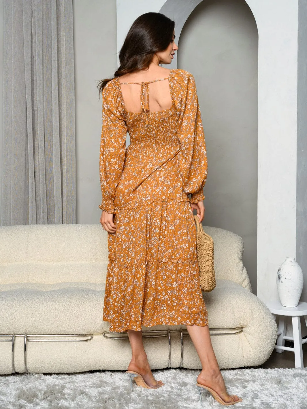 WOMEN'S LONG SLEEVE SMOCK FLORAL TIERED MIDI DRESS