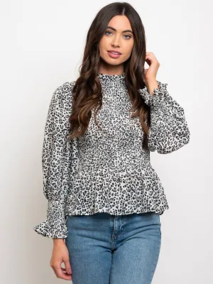 WOMEN'S LONG SLEEVE SMOCKING ANIMAL PRINT TOP