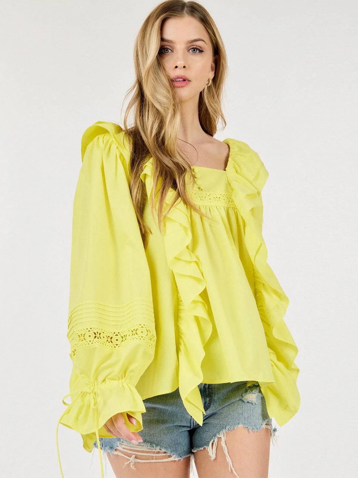 WOMEN'S LONG SLEEVE SQUARE NECK RUFFLE BLOUSE