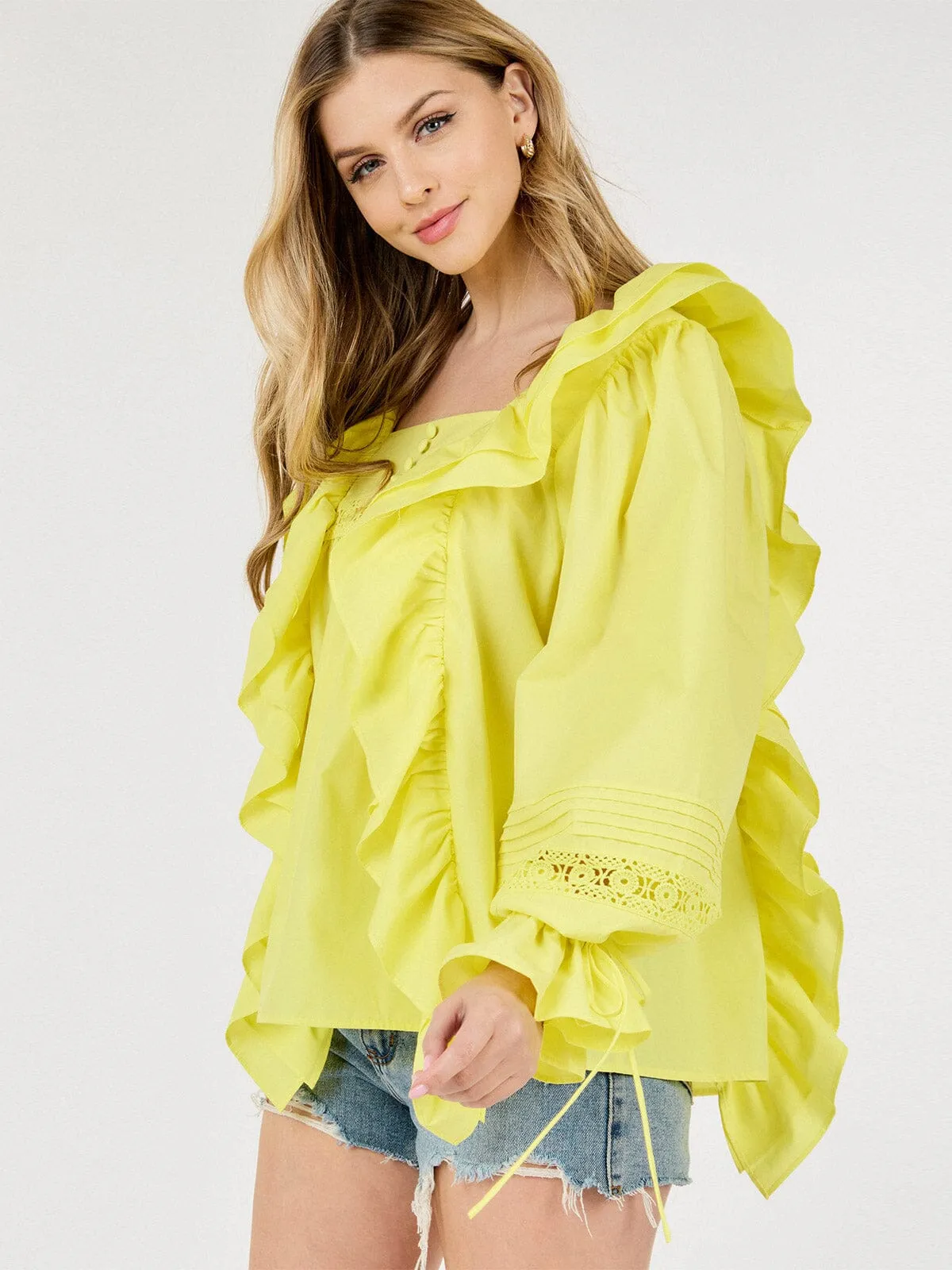 WOMEN'S LONG SLEEVE SQUARE NECK RUFFLE BLOUSE