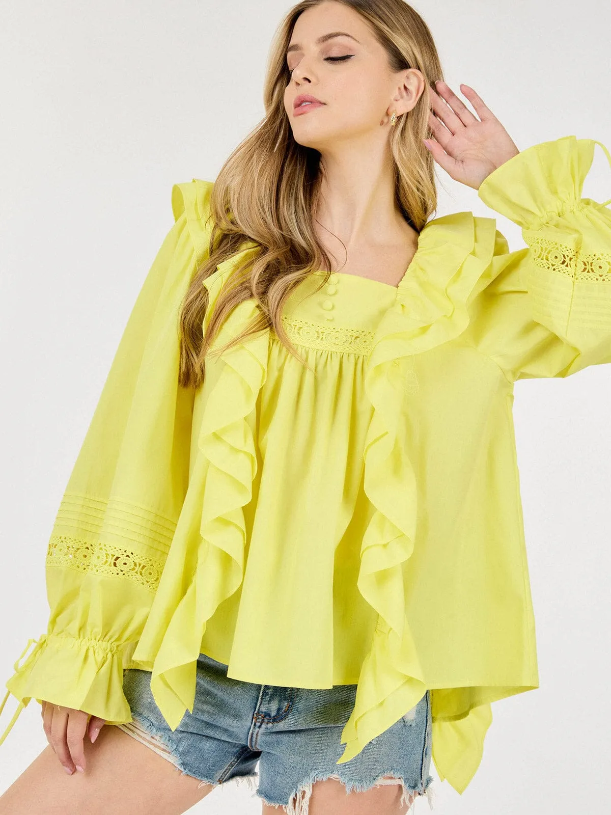 WOMEN'S LONG SLEEVE SQUARE NECK RUFFLE BLOUSE