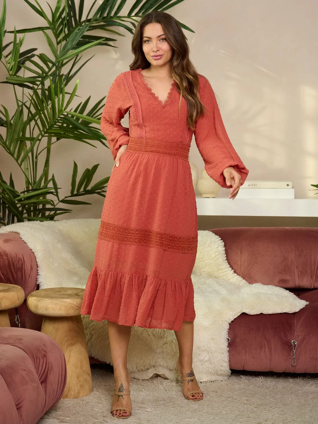 WOMEN'S LONG SLEEVE TIERED V-NECK SWISS DOTS MIDI DRESS