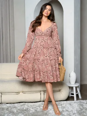 WOMEN'S LONG SLEEVE V-NECK FLORAL TIERED MIDI DRESS