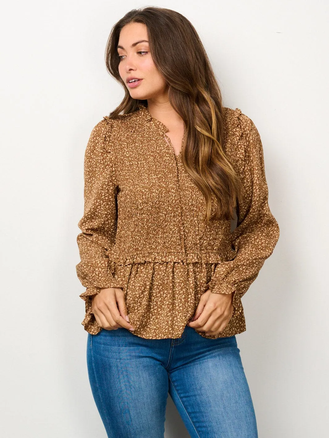 WOMEN'S LONG SLEEVE V-NECK SMOCK FLORAL BLOUSE TOP
