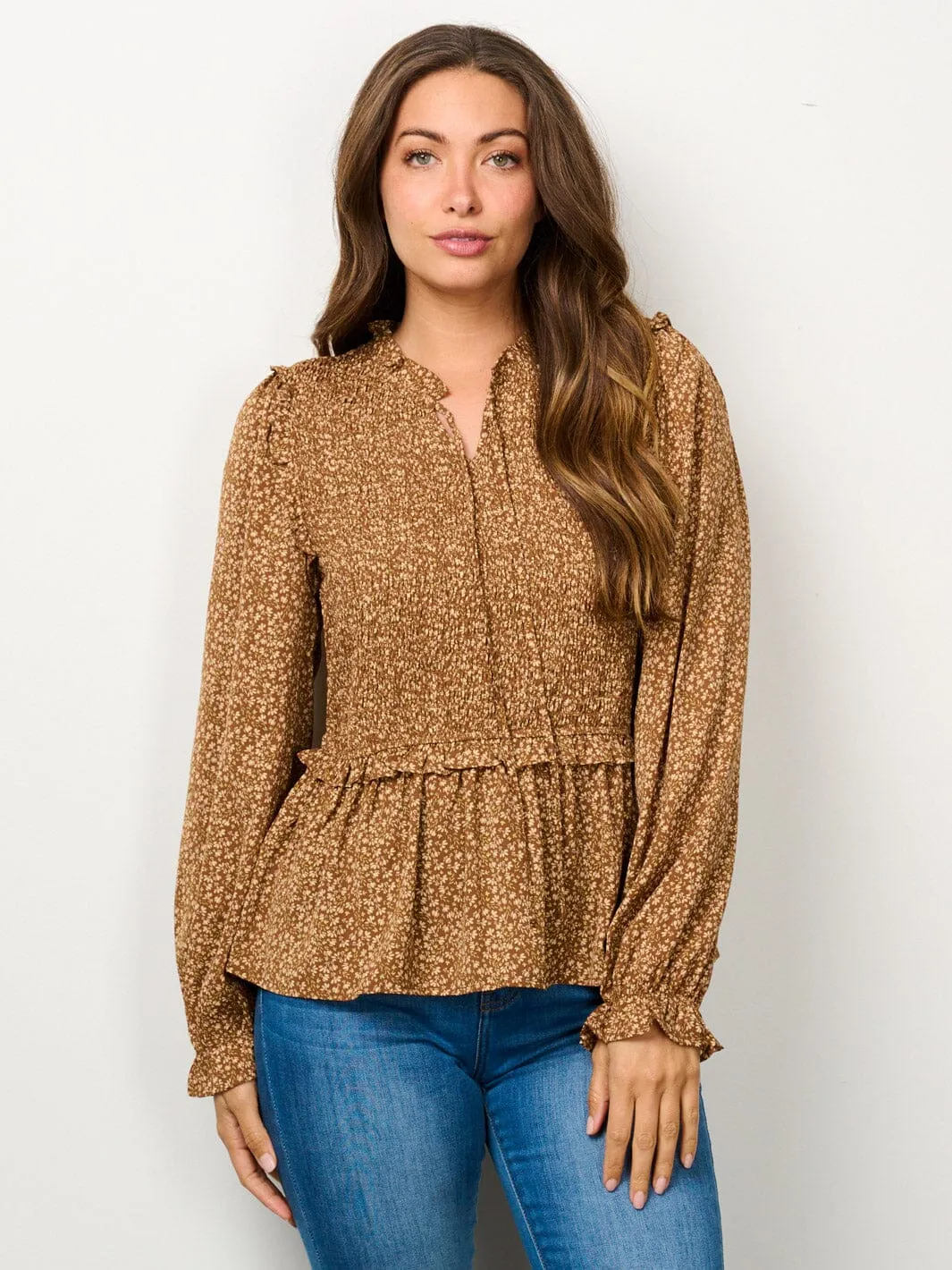 WOMEN'S LONG SLEEVE V-NECK SMOCK FLORAL BLOUSE TOP