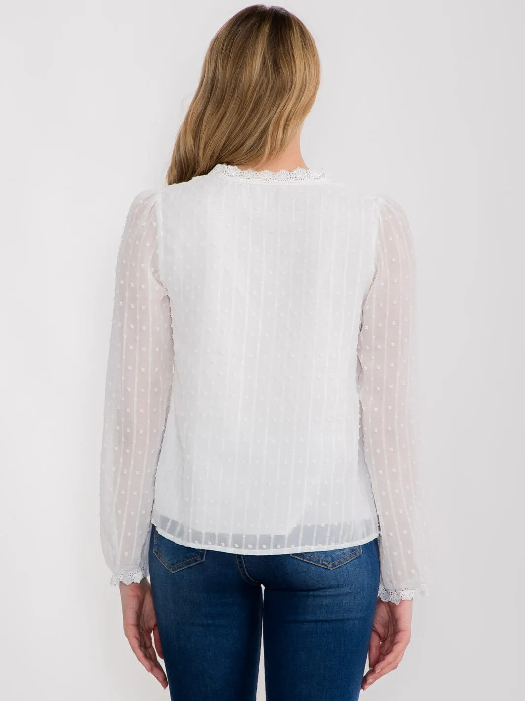 WOMEN'S LONG SLEEVE V-NECK SWISS DOT DETAILED BLOUSE