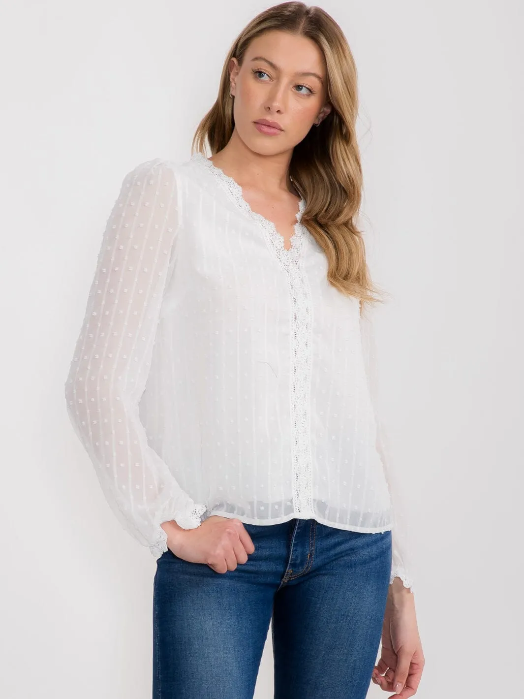 WOMEN'S LONG SLEEVE V-NECK SWISS DOT DETAILED BLOUSE