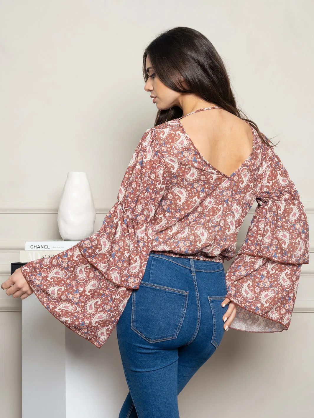 WOMEN'S PAISLY PRINT LONG SLEEVE SURPLICE TOP