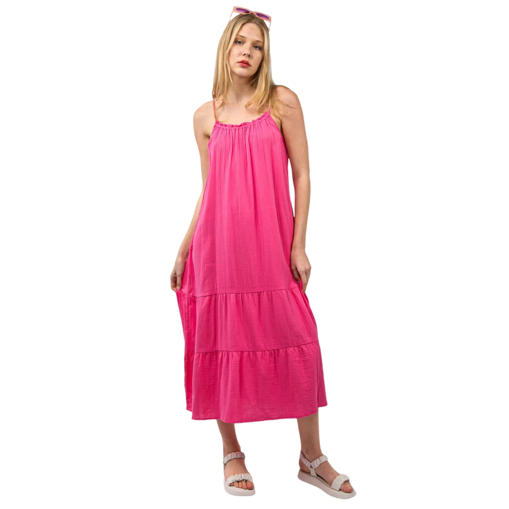 Women's Pink Cotton Gauze A-Line Midi Dress with Pockets