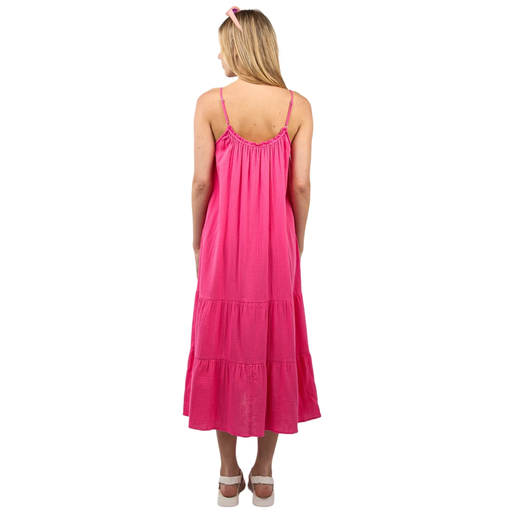 Women's Pink Cotton Gauze A-Line Midi Dress with Pockets