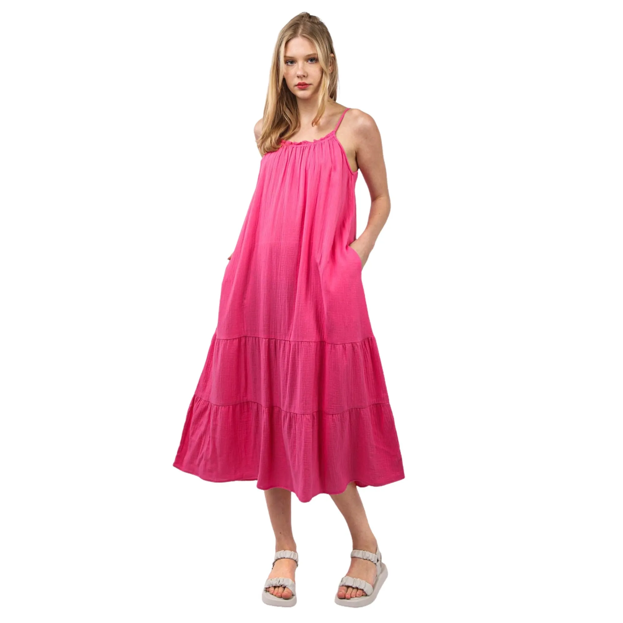 Women's Pink Cotton Gauze A-Line Midi Dress with Pockets