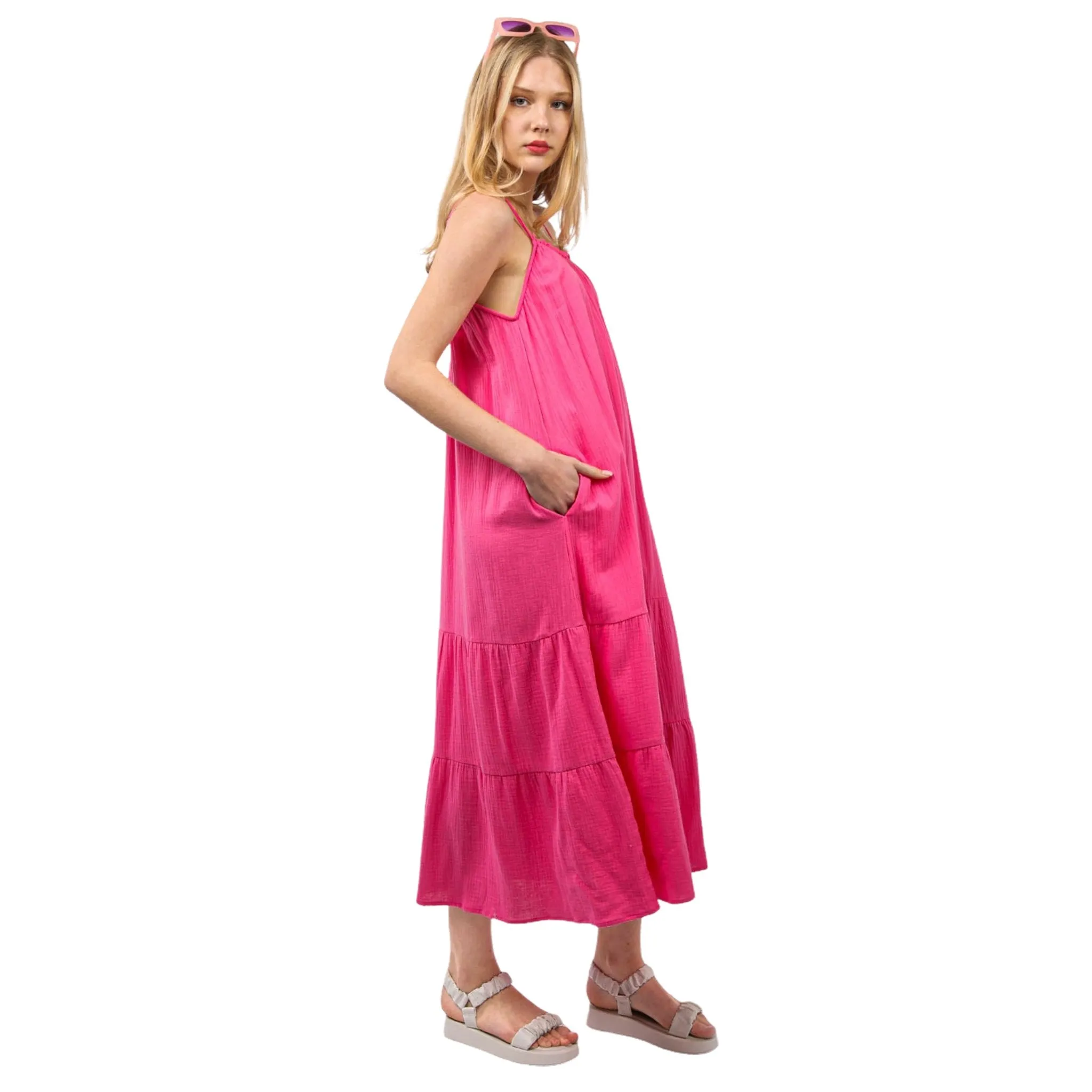 Women's Pink Cotton Gauze A-Line Midi Dress with Pockets