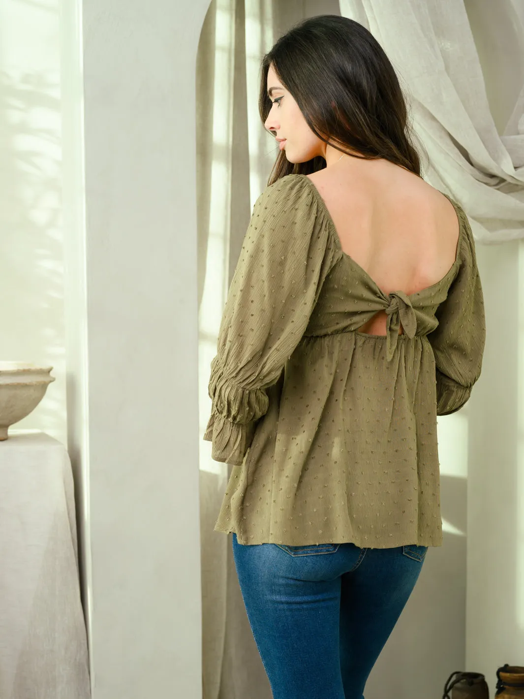 WOMEN'S PUFF 3/4 SLEEVE BABYDOLL SWISS DOT BACK TIE TOP