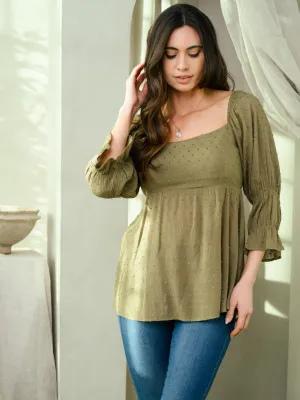 WOMEN'S PUFF 3/4 SLEEVE BABYDOLL SWISS DOT BACK TIE TOP