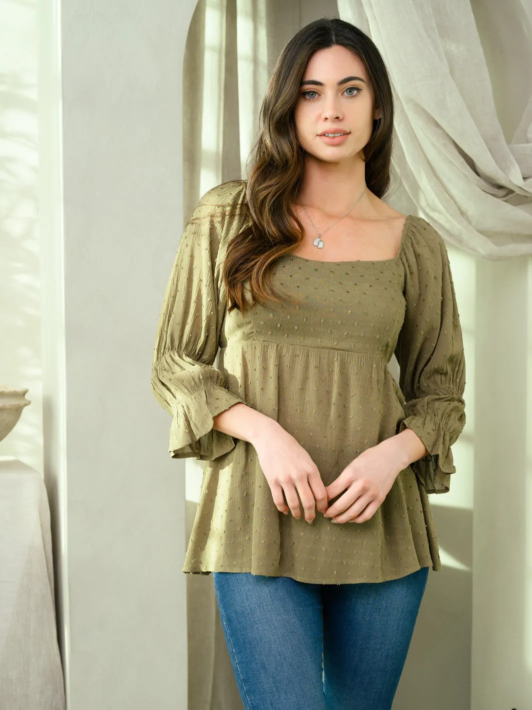 WOMEN'S PUFF 3/4 SLEEVE BABYDOLL SWISS DOT BACK TIE TOP