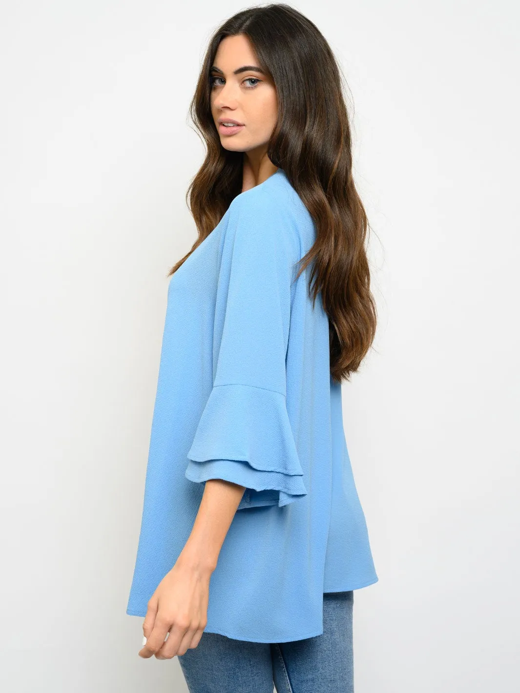 WOMEN'S RUFFLE 3/4 SLEEVE OPEN CARDIGAN