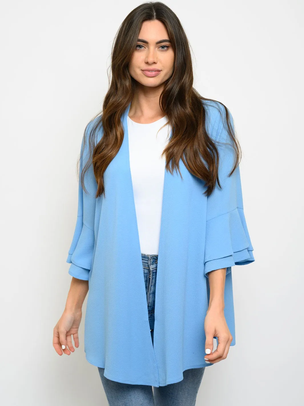 WOMEN'S RUFFLE 3/4 SLEEVE OPEN CARDIGAN