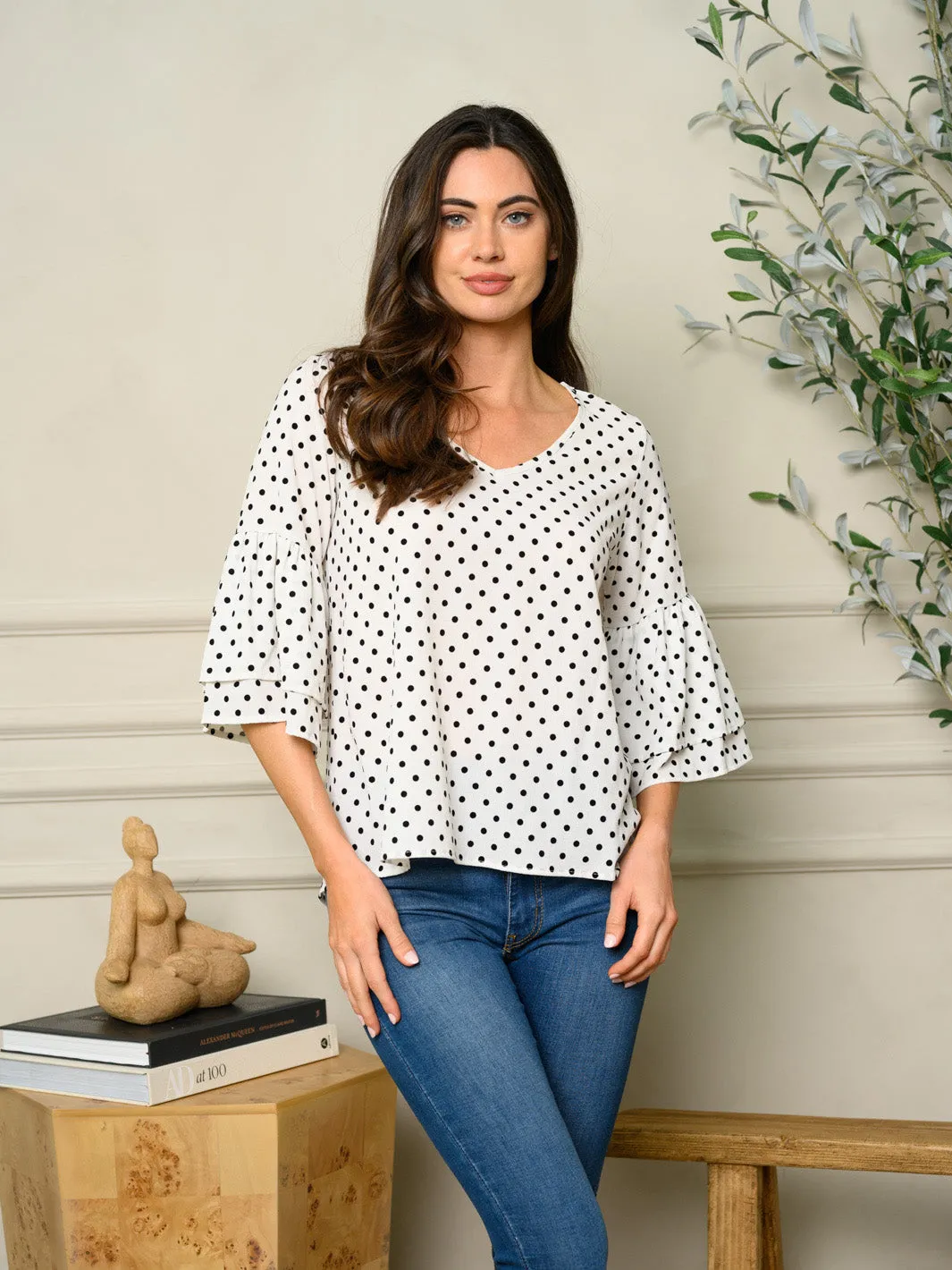 WOMEN'S RUFFLE POLKA DOT V-NECK TOP