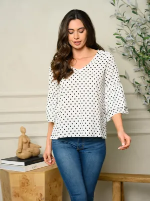WOMEN'S RUFFLE POLKA DOT V-NECK TOP