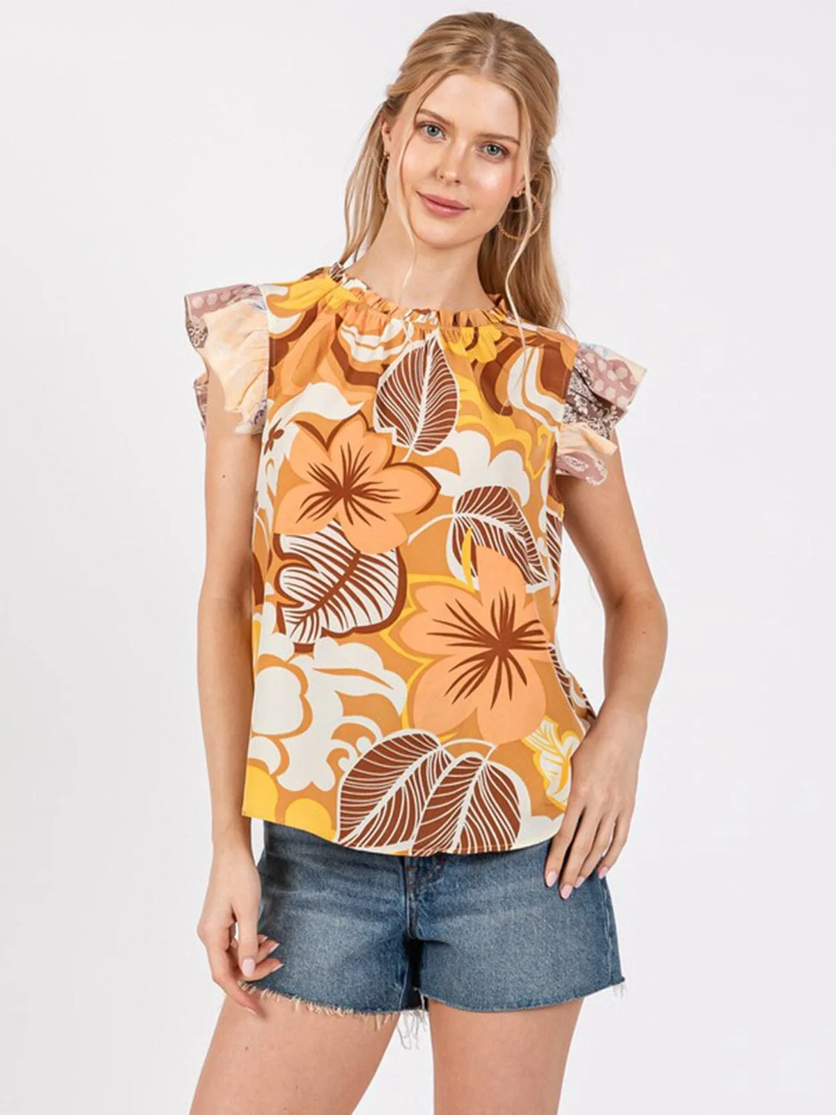 WOMEN'S RUFFLE SLEEVE FLORAL PRINT TUNIC BLOUSE