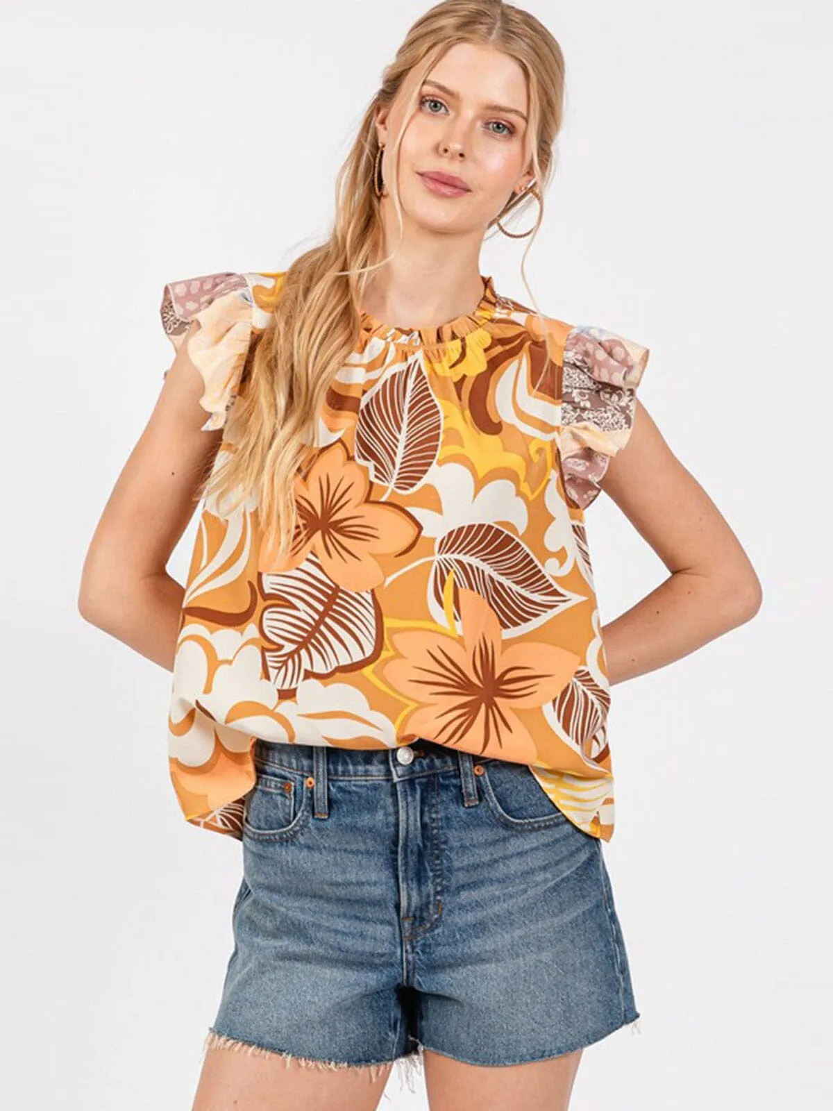 WOMEN'S RUFFLE SLEEVE FLORAL PRINT TUNIC BLOUSE