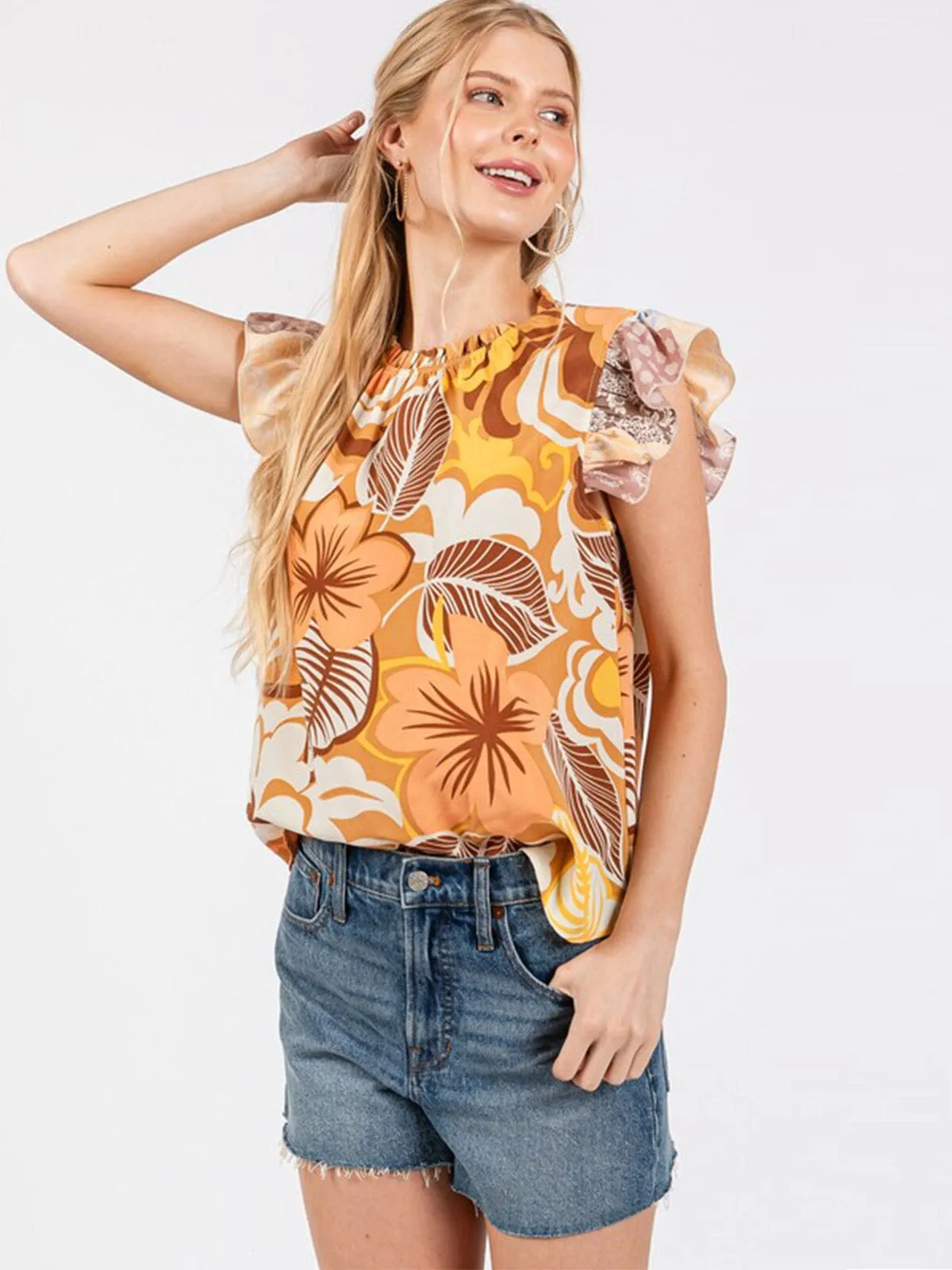 WOMEN'S RUFFLE SLEEVE FLORAL PRINT TUNIC BLOUSE