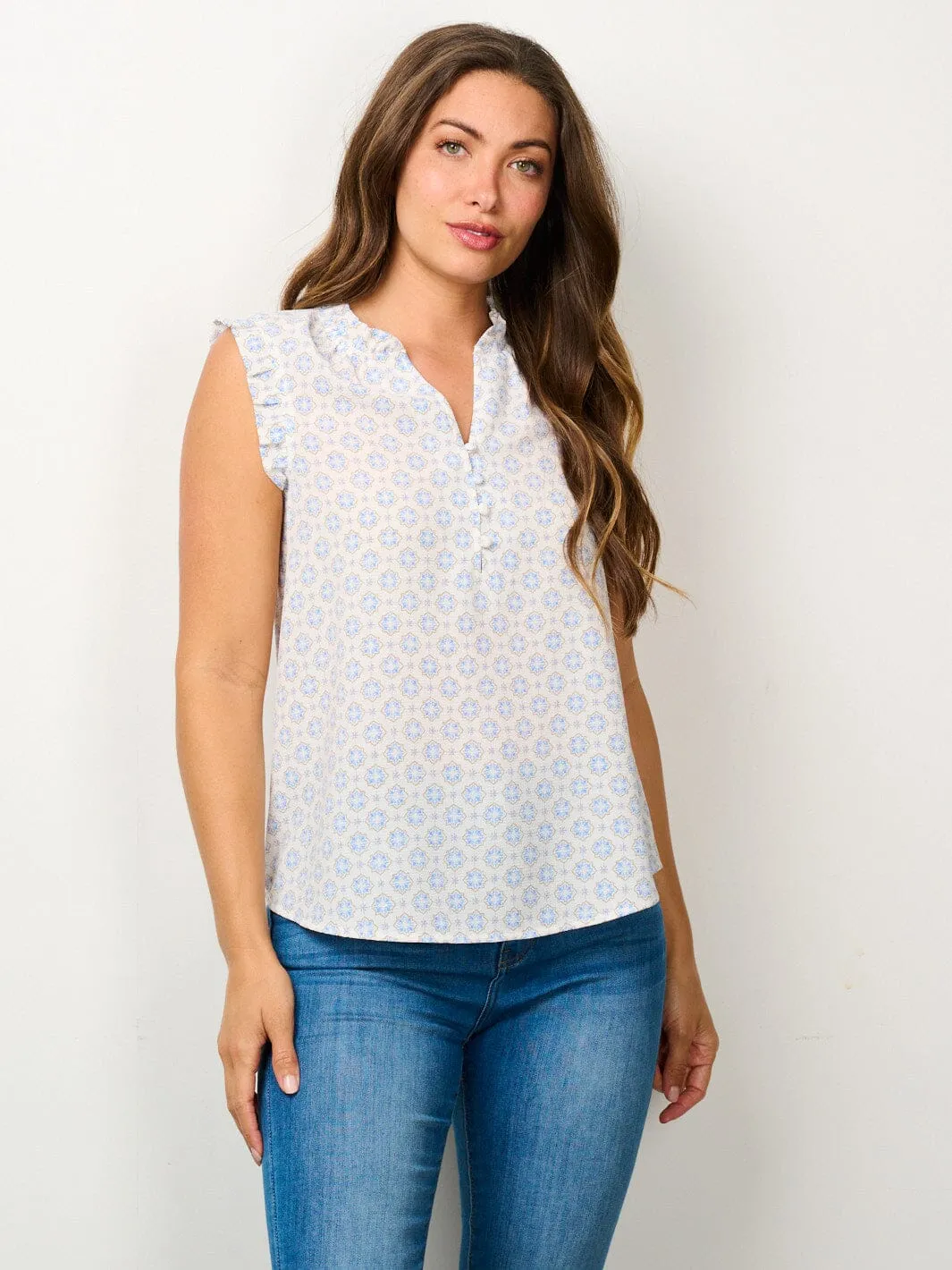 WOMEN'S RUFFLE SLEEVELESS V-NECK PRINTED TANK TOP