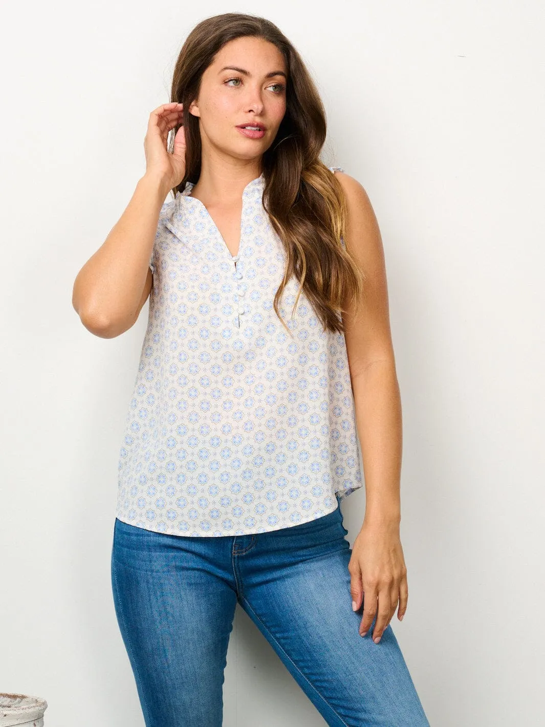 WOMEN'S RUFFLE SLEEVELESS V-NECK PRINTED TANK TOP