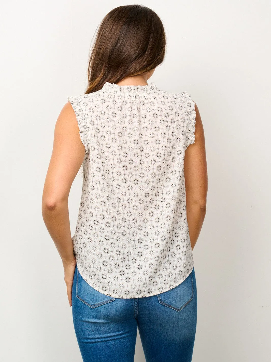 WOMEN'S RUFFLE SLEEVELESS V-NECK PRINTED TANK TOP