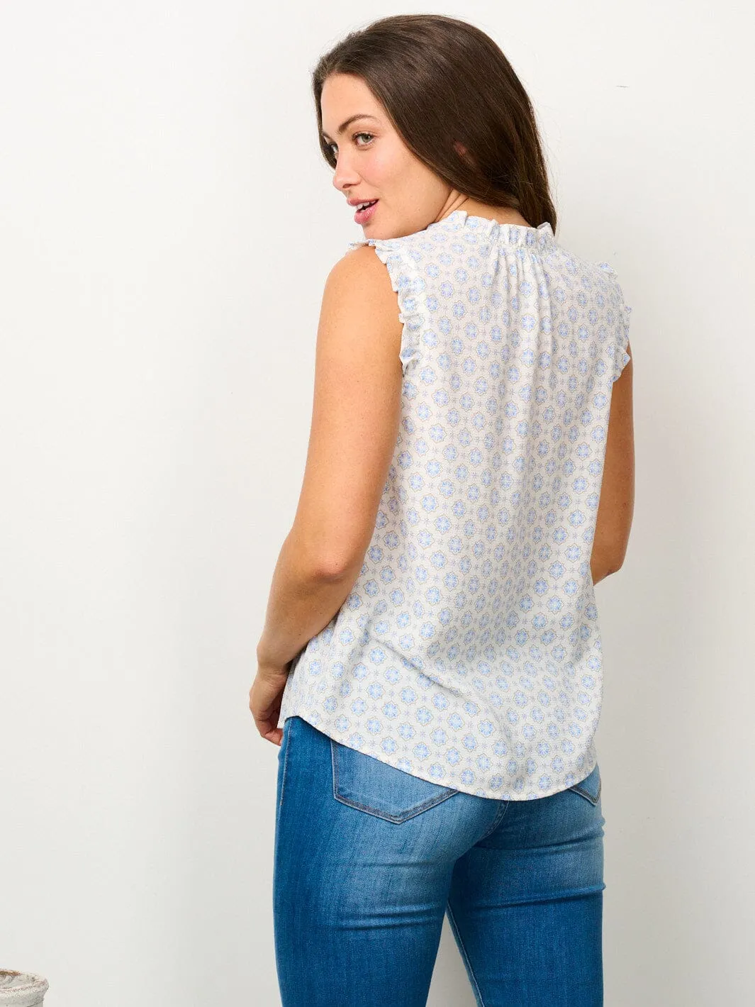 WOMEN'S RUFFLE SLEEVELESS V-NECK PRINTED TANK TOP