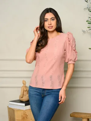 WOMEN'S SHORT PUFF SLEEVE EYELET DETAILED TOP