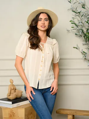 WOMEN'S SHORT PUFF SLEEVE SWISS DOT DETAILED TOP