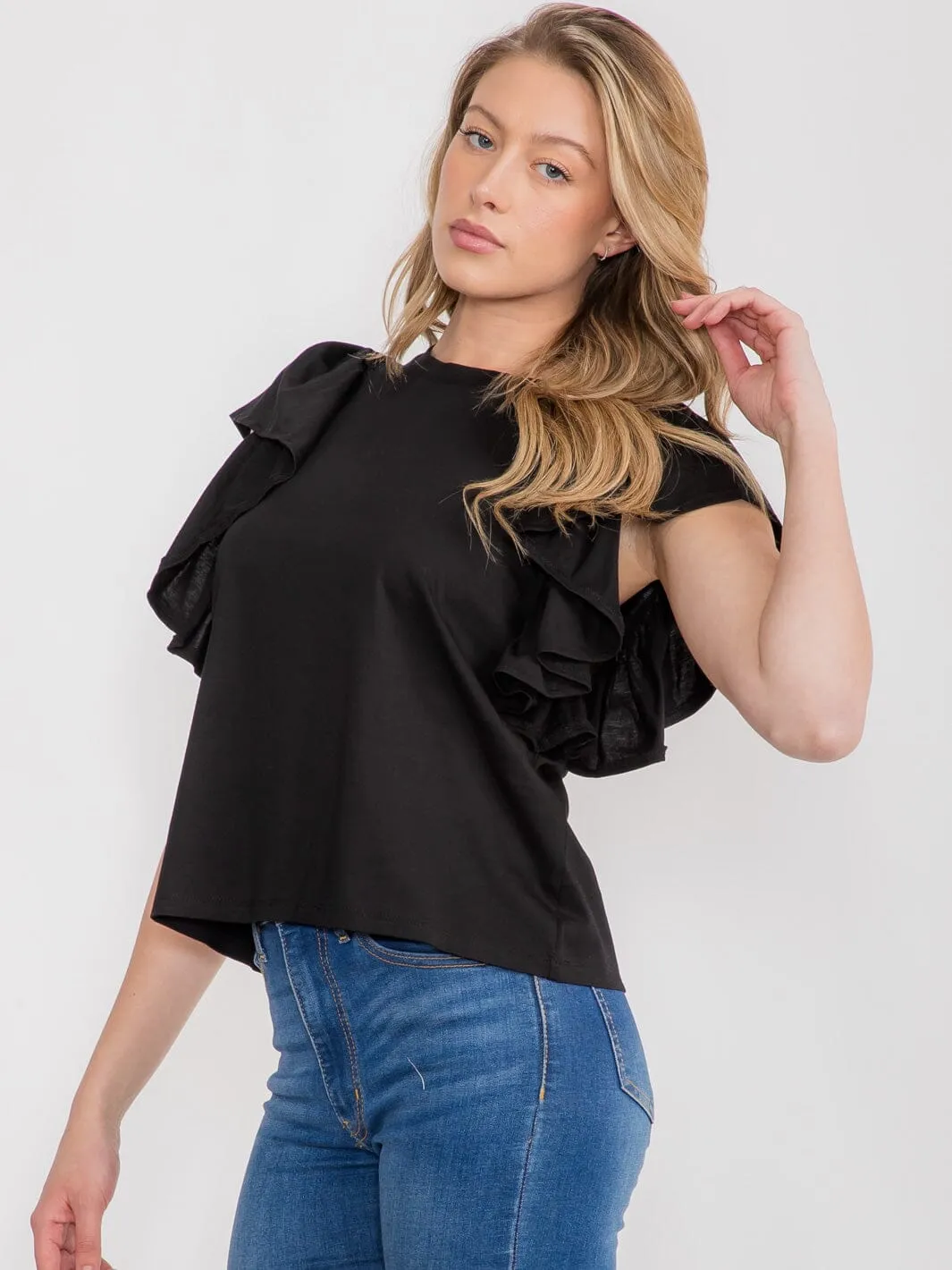 WOMEN'S SHORT RUFFLE SLEEVE BLOUSE