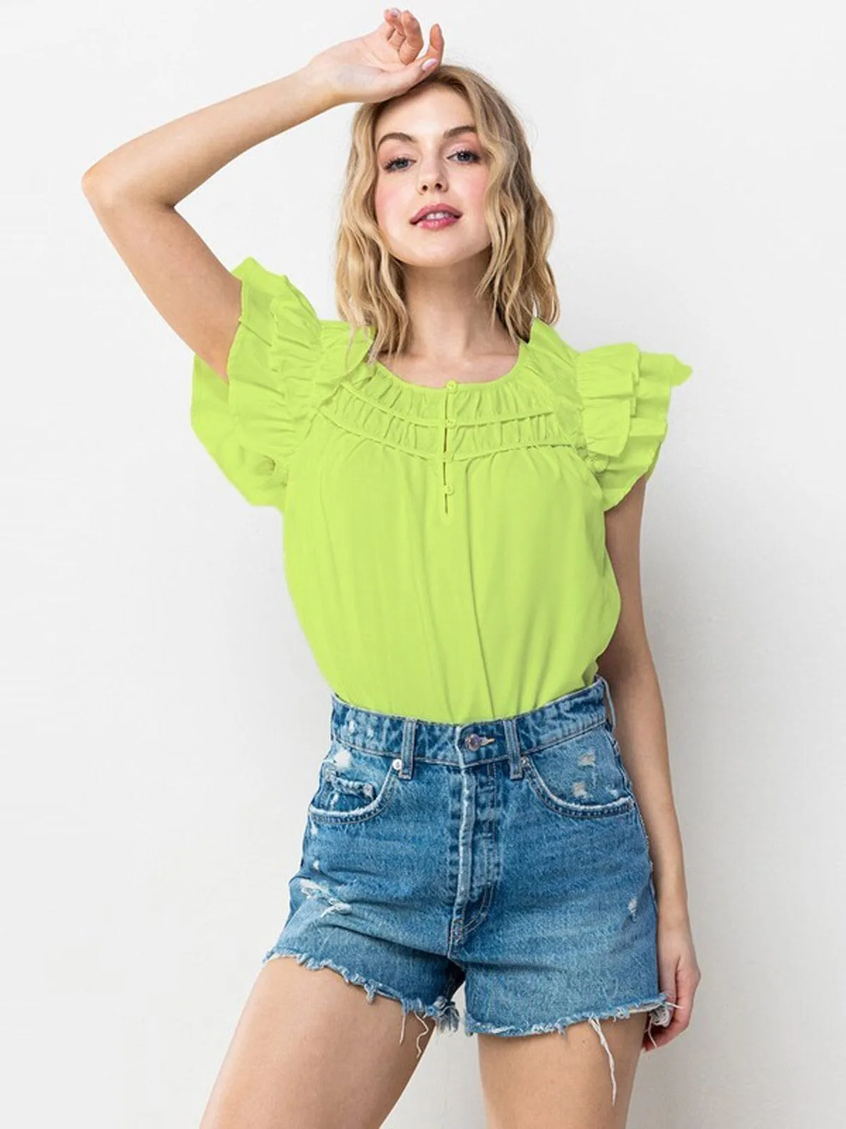 WOMEN'S SHORT RUFFLE SLEEVE DETAILED TUNIC BLOUSE TOP