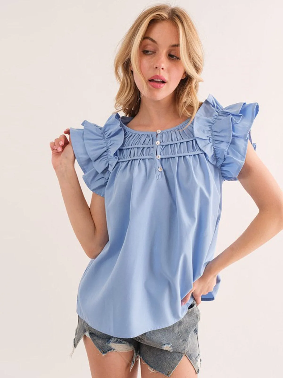 WOMEN'S SHORT RUFFLE SLEEVE DETAILED TUNIC BLOUSE TOP