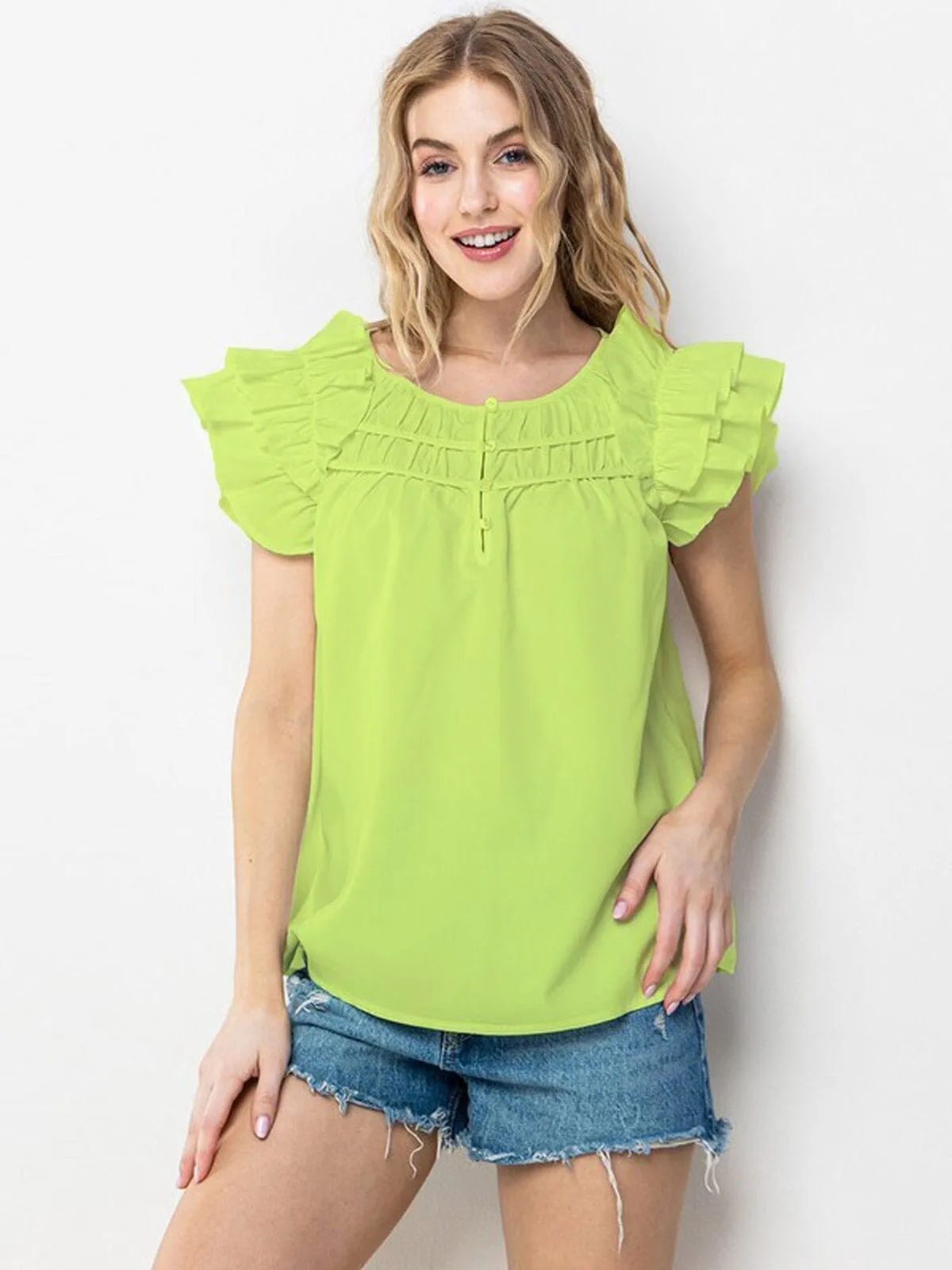 WOMEN'S SHORT RUFFLE SLEEVE DETAILED TUNIC BLOUSE TOP